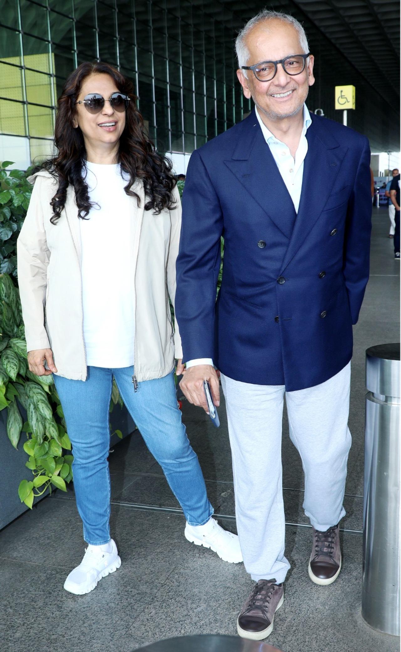 Juhi Chawla was accompanied by her husband, Jay Mehta, as the two headed out of the city.